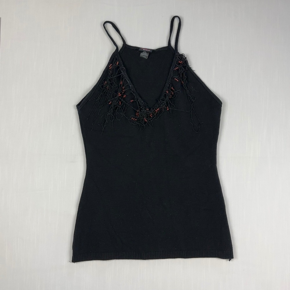 Switchblade Stiletto Womens XL Black Knit Beaded Fringe V-Neck Cami Top USA Made